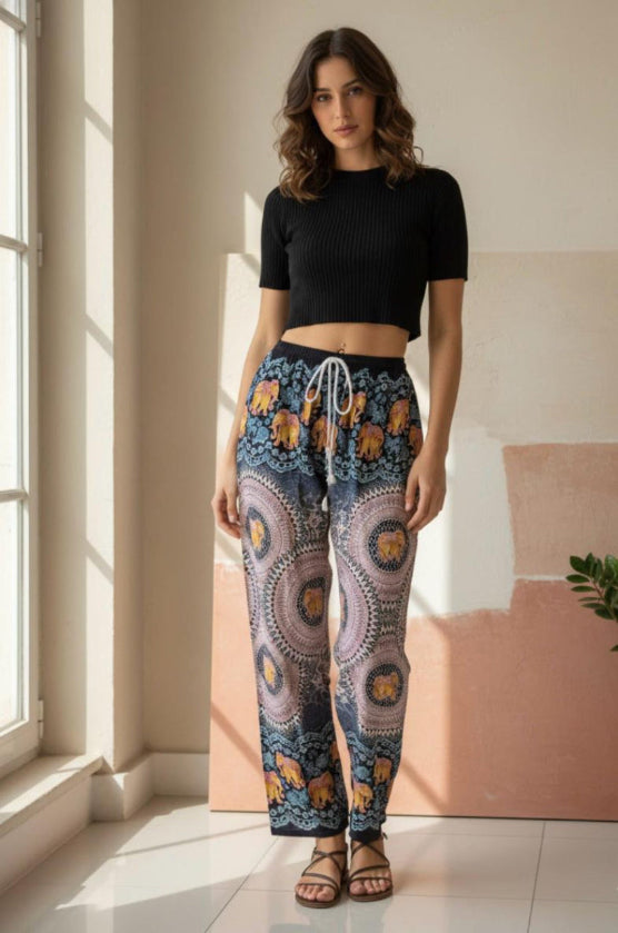 Elephant Print Drawstring Harem Pant/Open Leg