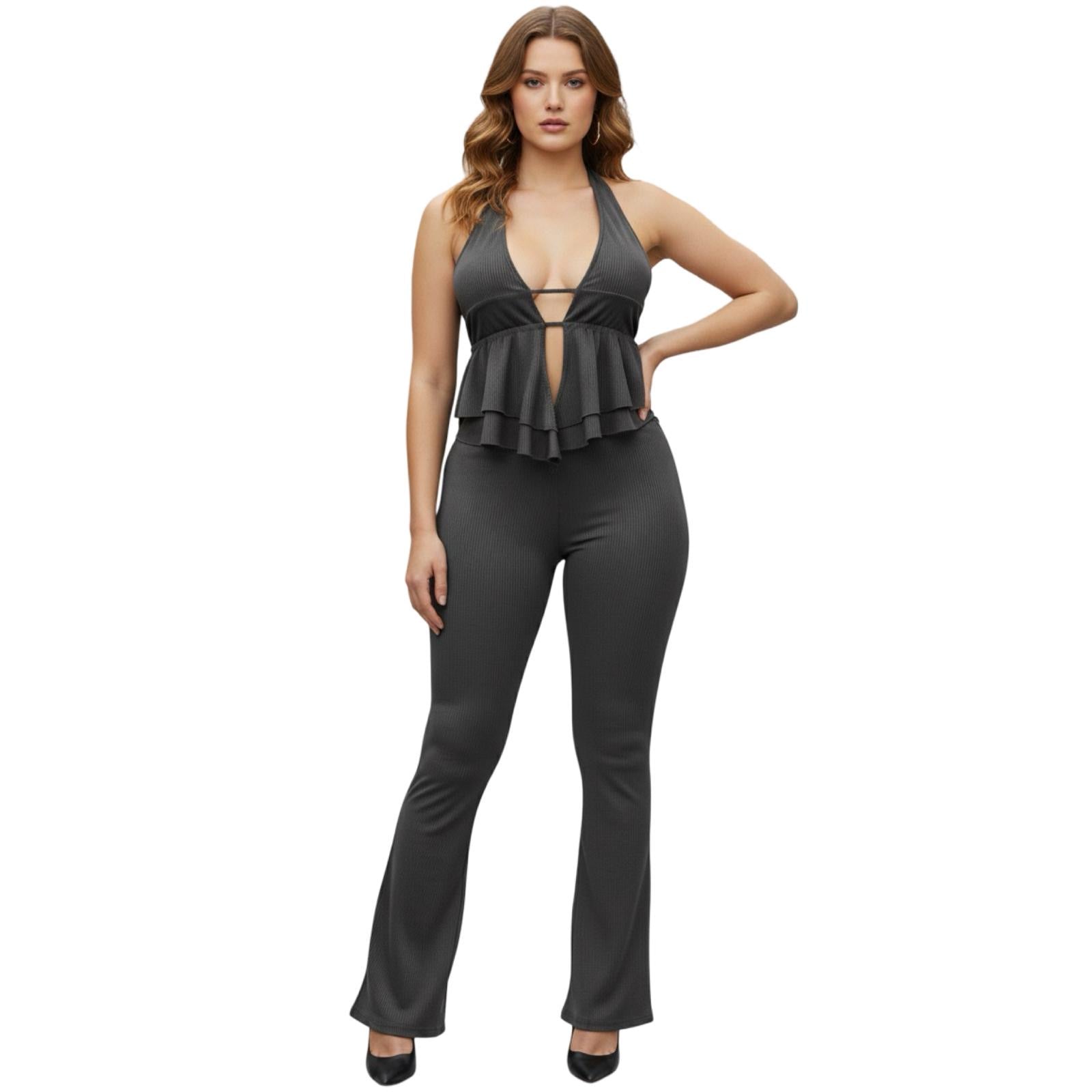 Halter jumpsuit bottom flared 2 pieces(Set) - Grey