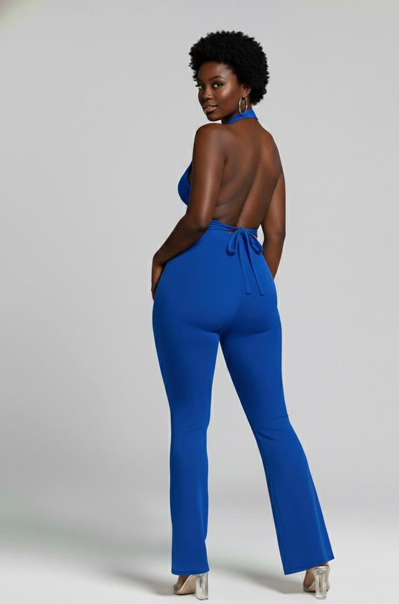 Halter jumpsuit bottom flared 2 pieces(Set) - blue
