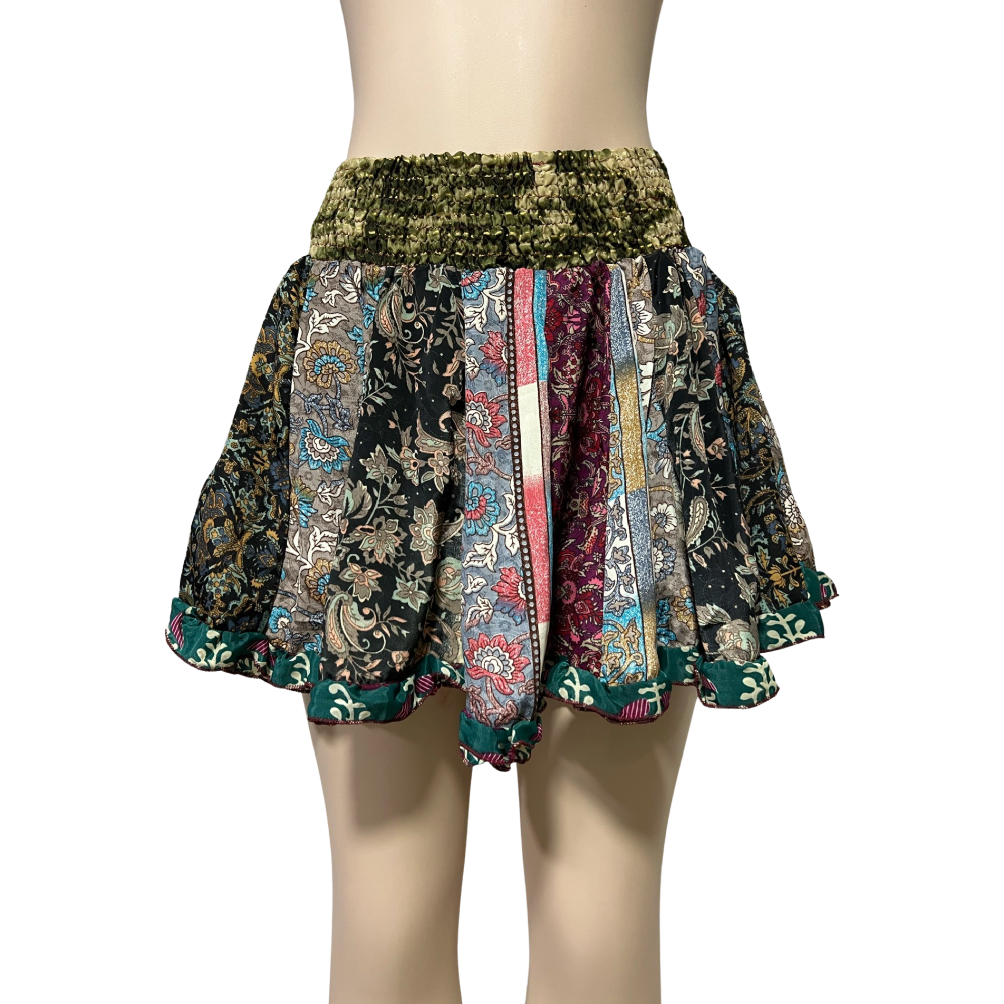 Women Boho Elastic Waist Mini Silk Skirts Multi Ruffle Fancy Assorted Patchwork.