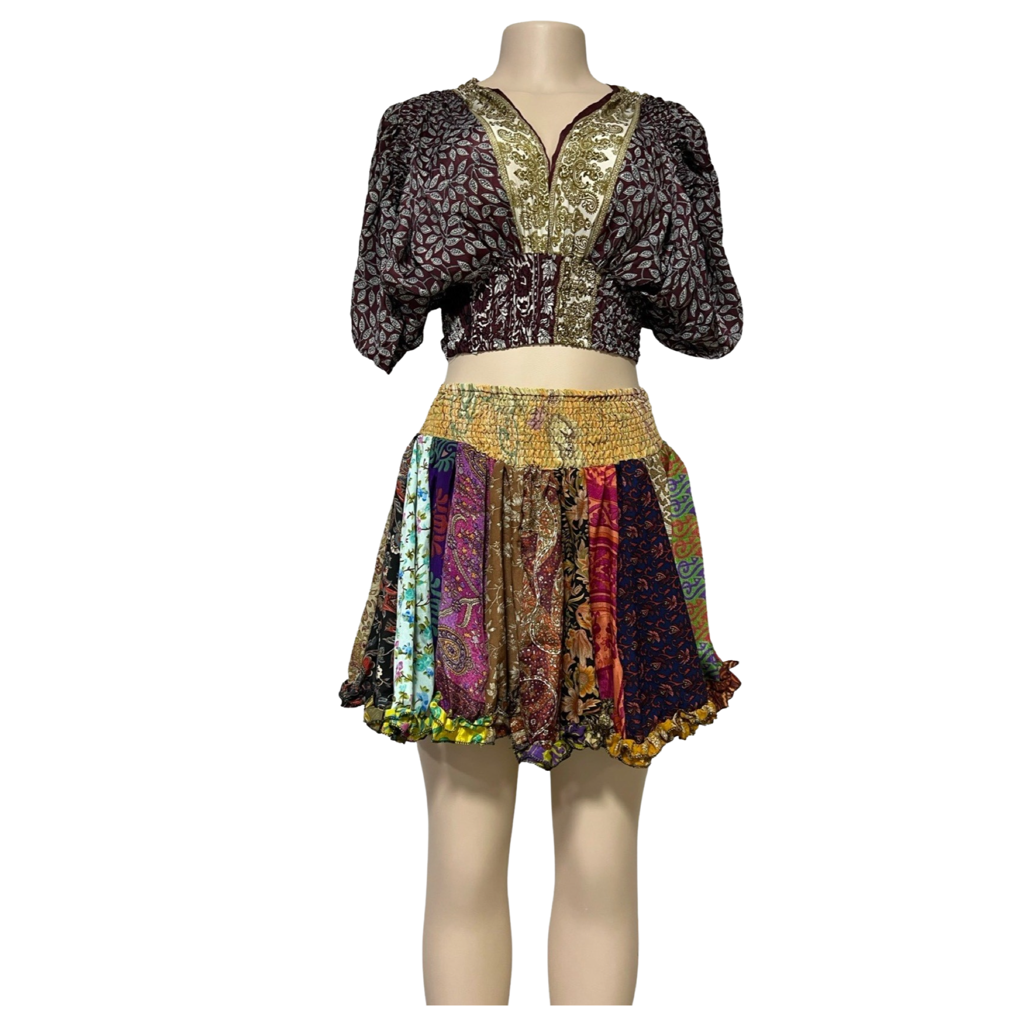 Women Boho Elastic Waist Mini Silk Skirts Multi Ruffle Fancy Assorted Patchwork.