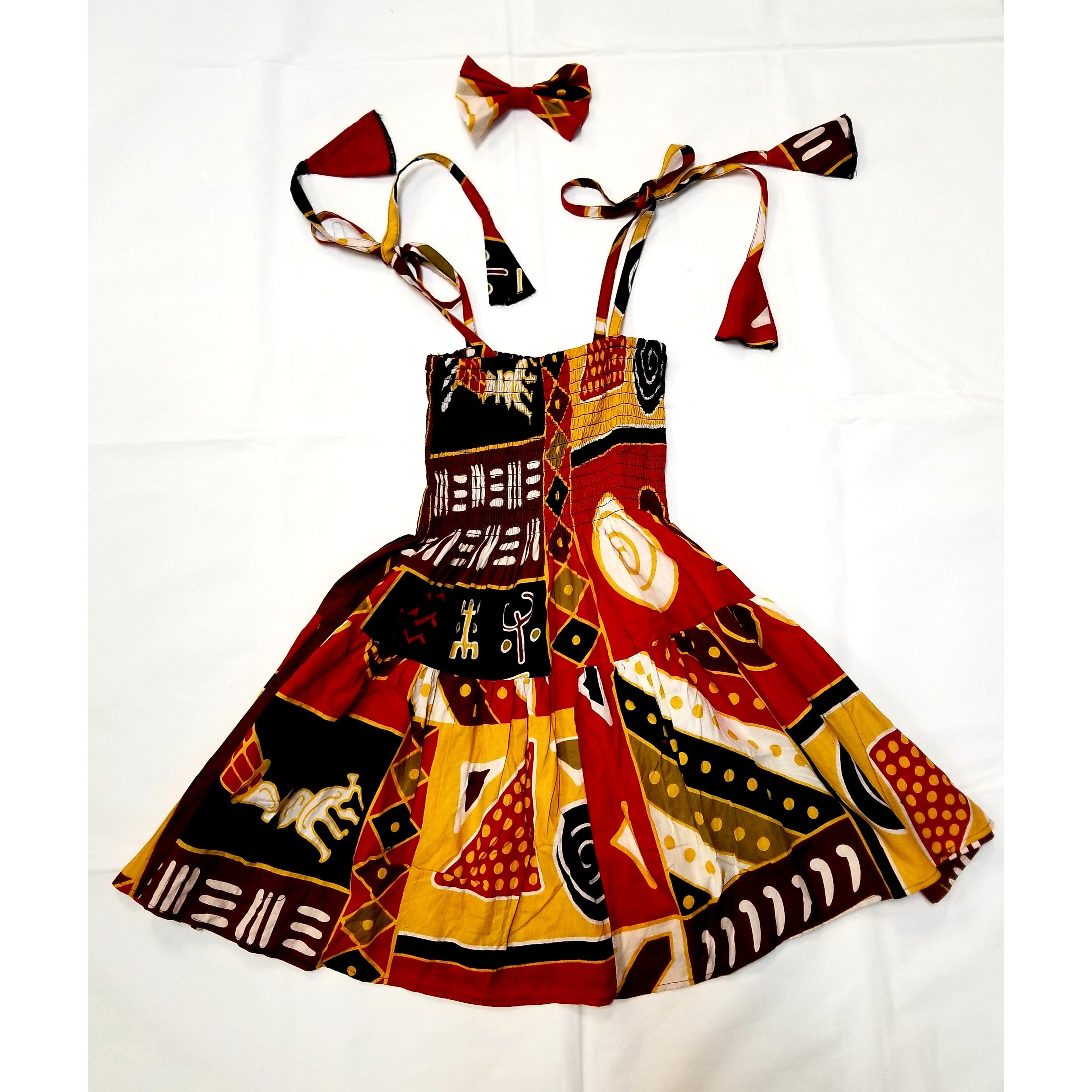 Girl's African Print Spaghetti Dress w/ Matching Bow - KULTURAL VIBEZ